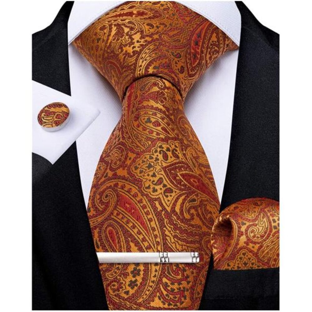 Paisley Ties for Men Silk Necktie and Pocket Square Cufflinks Tie Clip Set Woven
